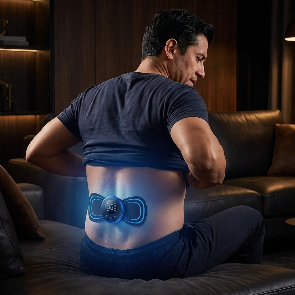 Masajeador EMS lumbar — hombre dolor espalda baja